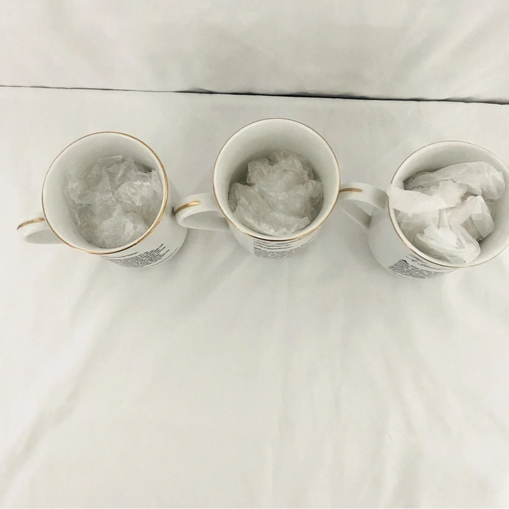 VINTAGE SET Of 3 Norman Rockwell Museum Coffee Mugs Cups White Gold Trim JAPAN